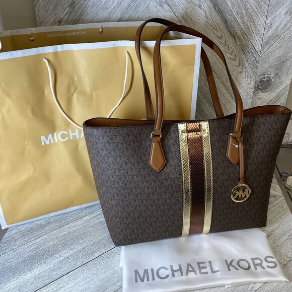 Michael Kors Womens Brown Sheila Signature Logo and Metallic Tote Bag Large $628 - Picture 1 of 16